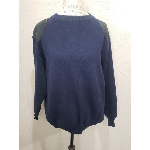 Vintage Barbour Pure Wool & Suede Leather Navy Blue Jumper Sweater | Size 56-46 - Picture 8 of 8